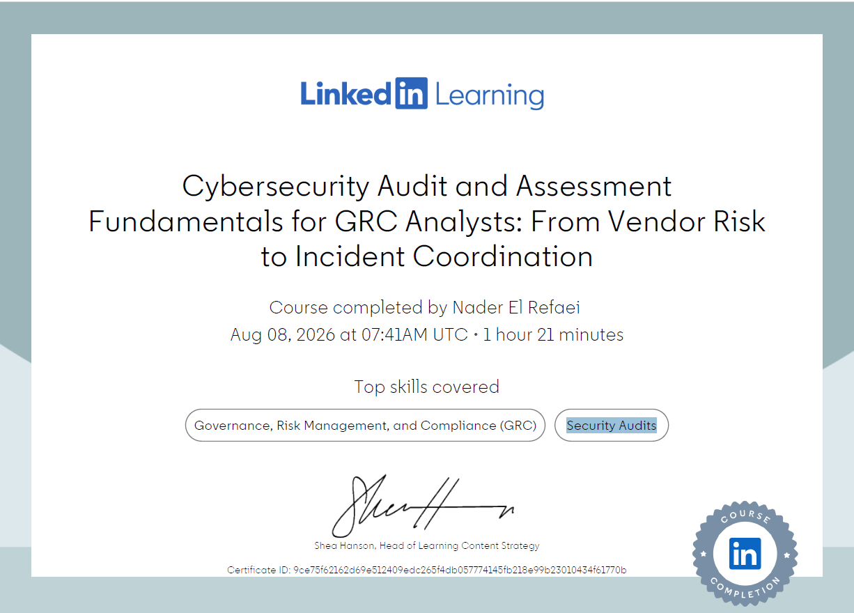 Cybersecurity Audit and Assessment Fundamentals for GRC Analysts: From Vendor Risk to Incident Coordination certificate thumbnail