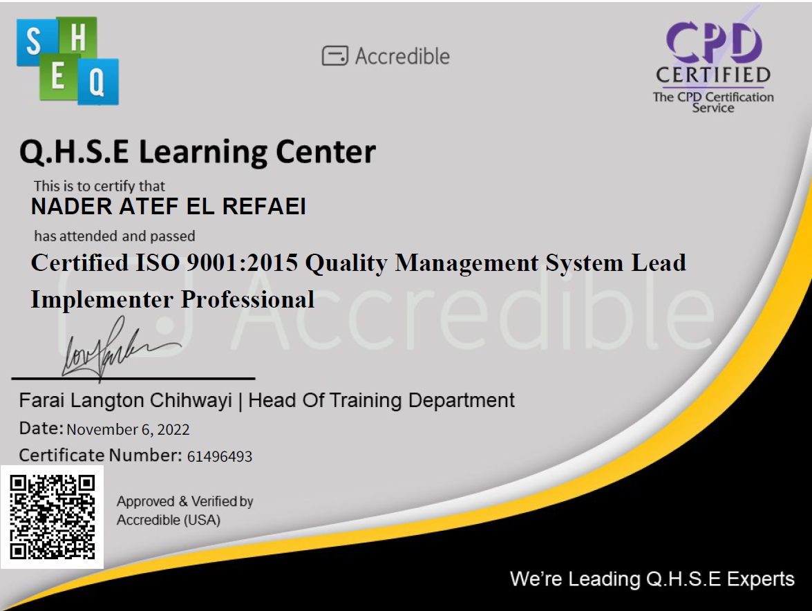 Certified ISO 9001:20quality control15 Quality Management System Lead Implementer Professional certificate thumbnail